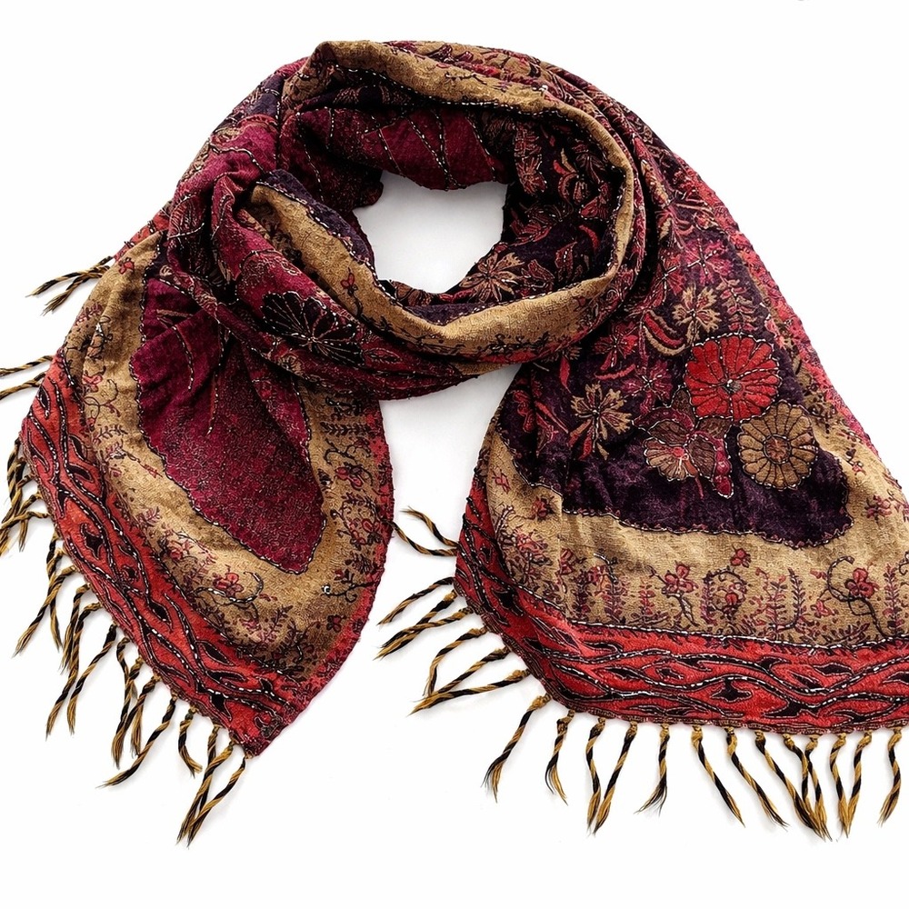 Pashmina Scarf Burgundy‎ Beaded Floral Boho Gypsy Wrap Butterflies - Picture 2 of 12